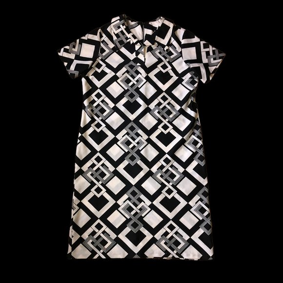 Vintage 60s 70s Black & White Geometric Print Dress - Picture 1 of 10
